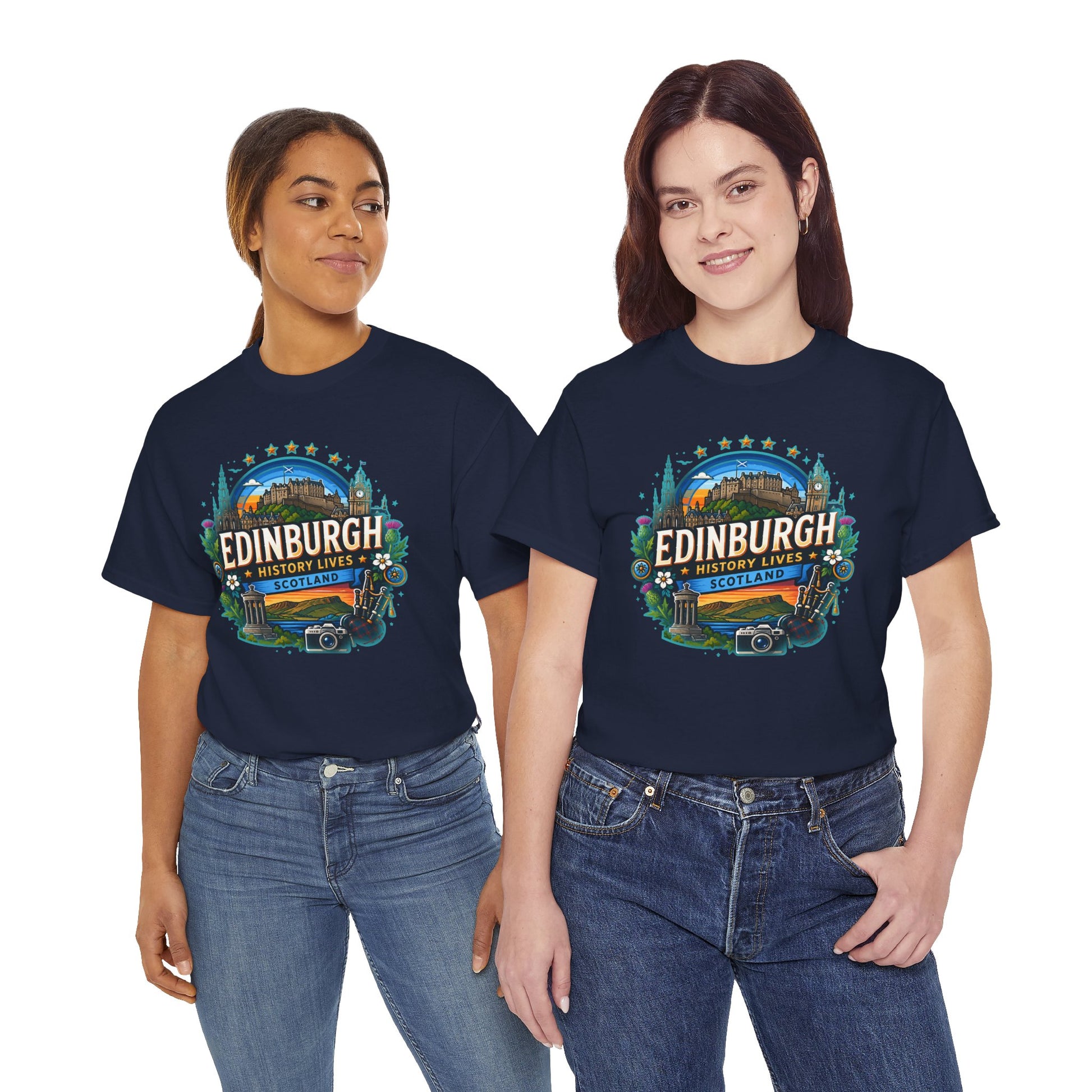 Navy travel T-shirts on two women, featuring colorful Edinburgh front graphic