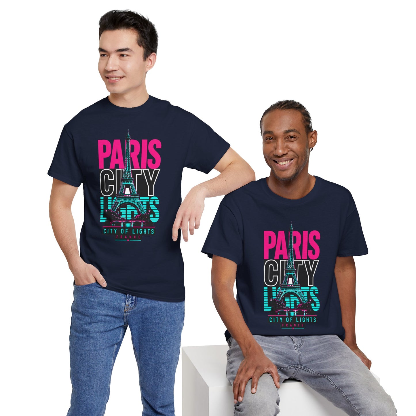 Navy unisex T-shirt with “PARIS” skyline and Eiffel Tower multicolor chest graphic