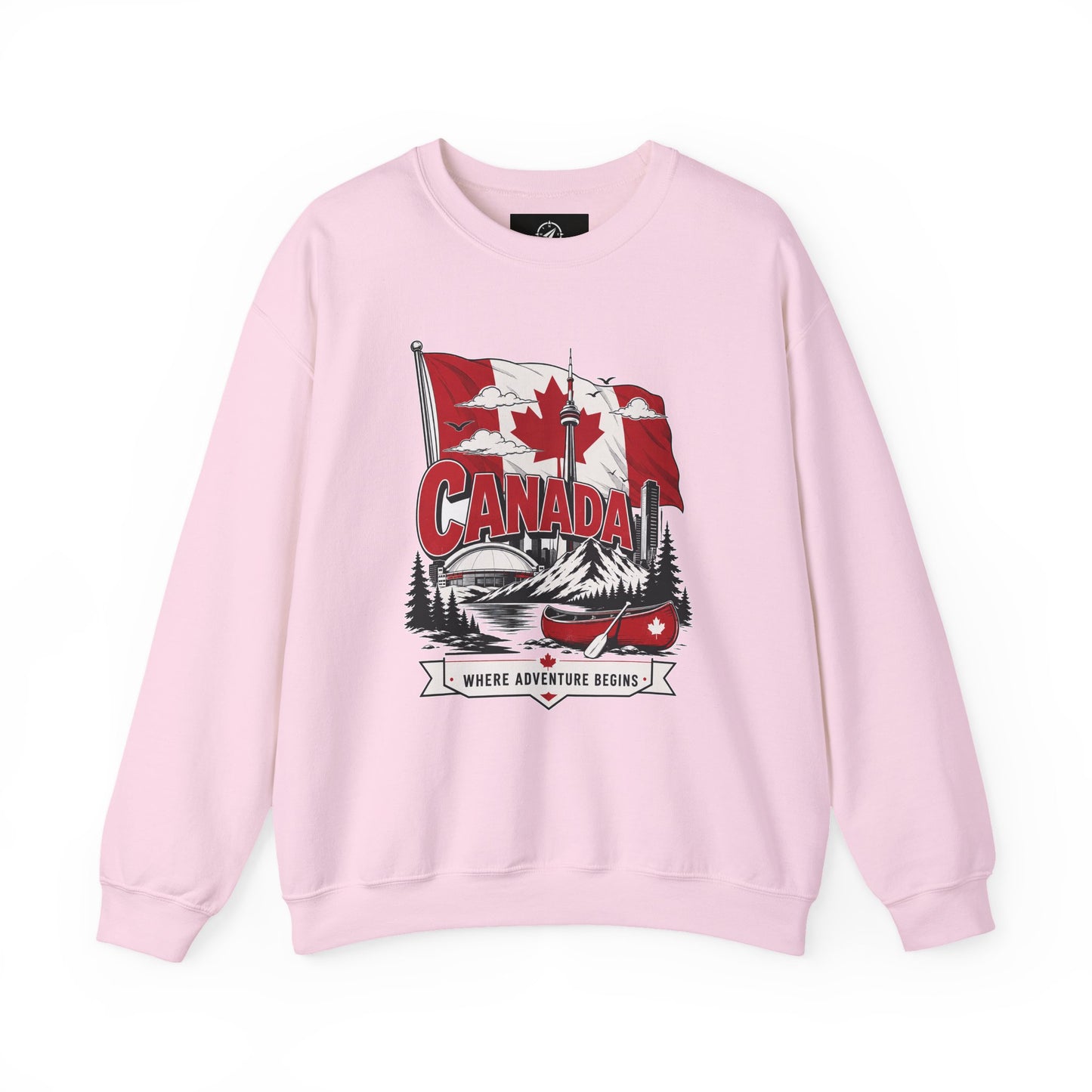 Pink crewneck sweatshirt with Canada flag and canoe graphic print