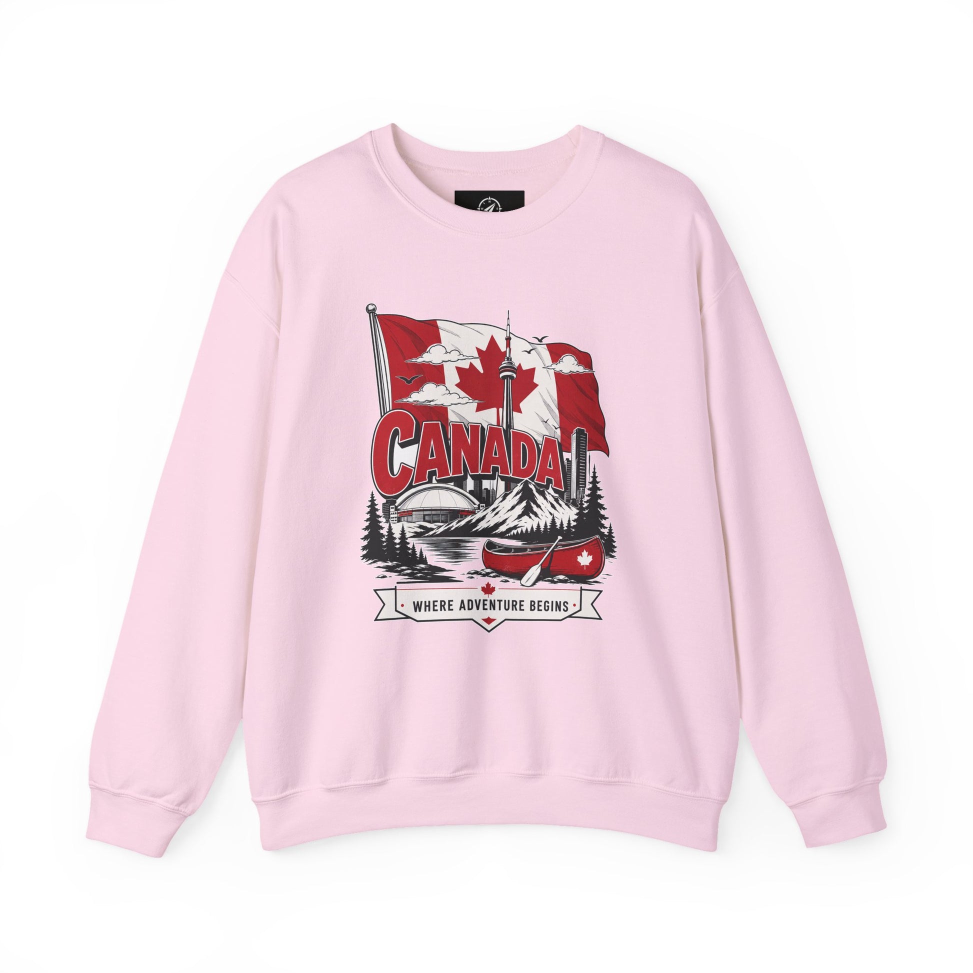 Pink crewneck sweatshirt with Canada flag and canoe graphic print