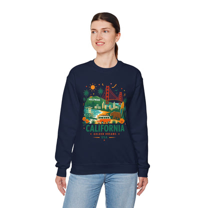 Navy crewneck sweatshirt with colorful California graphic on the front