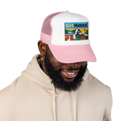 Light pink and white trucker hat with front logo patch, curved brim and mesh back