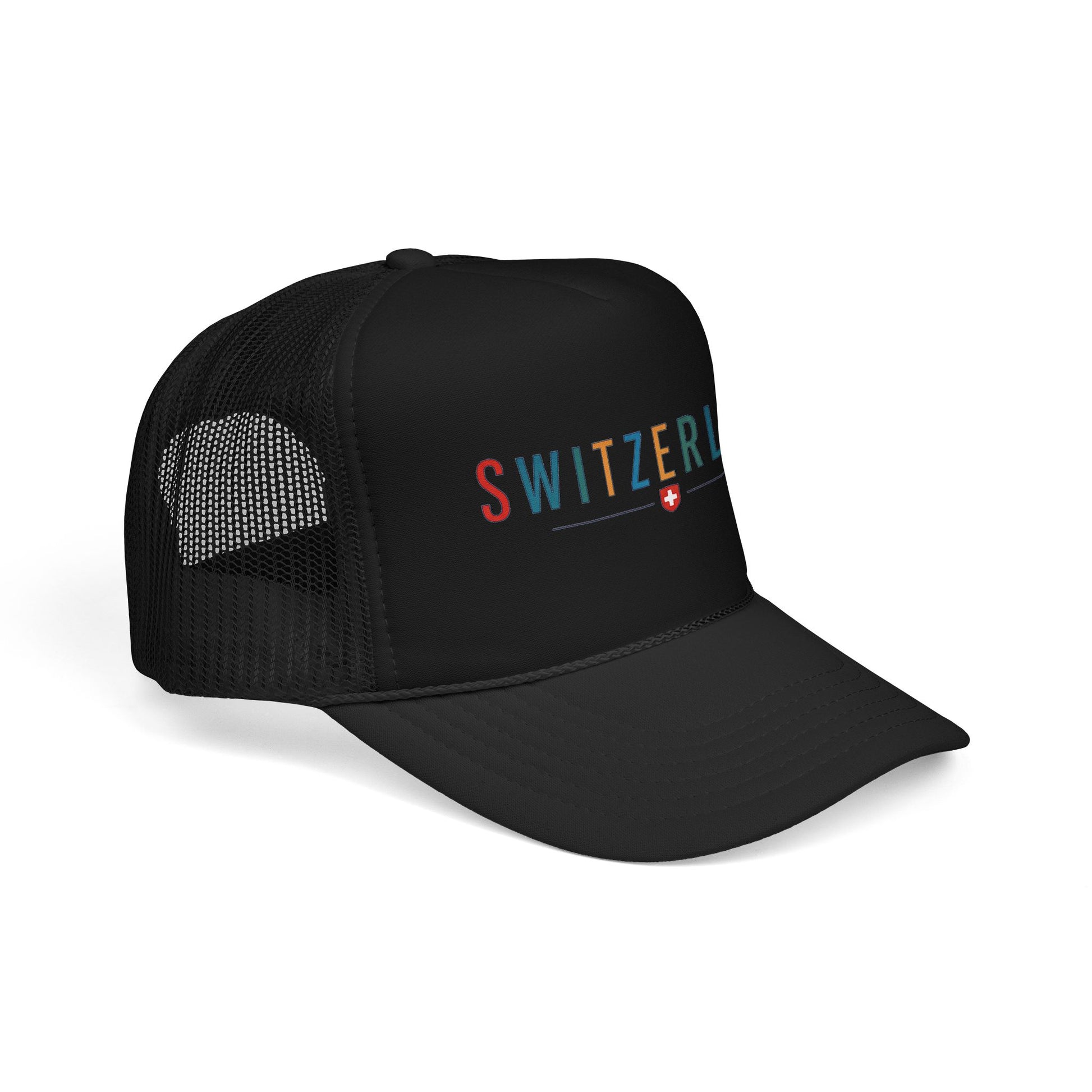 Black foam trucker cap with SWITZERLAND logo on the front panel and mesh side panels