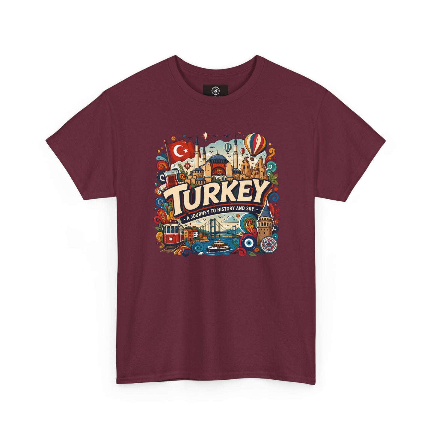 Maroon crewneck graphic tee with colorful “Turkey” Istanbul landmark print