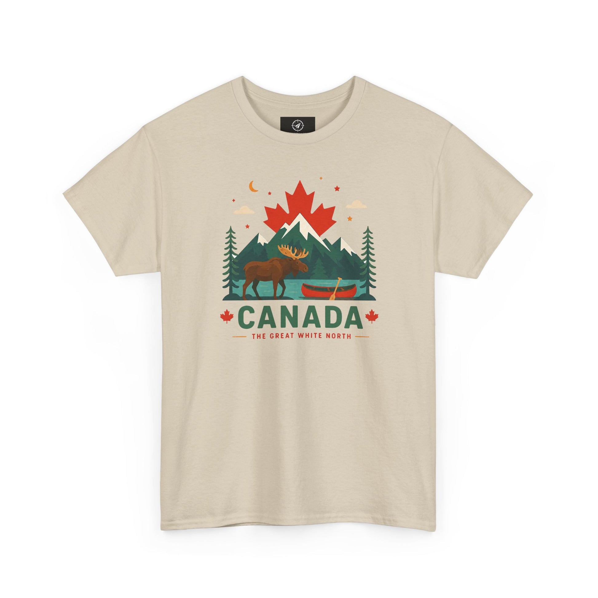 Beige crew-neck T-shirt with Canada mountain and wildlife graphic