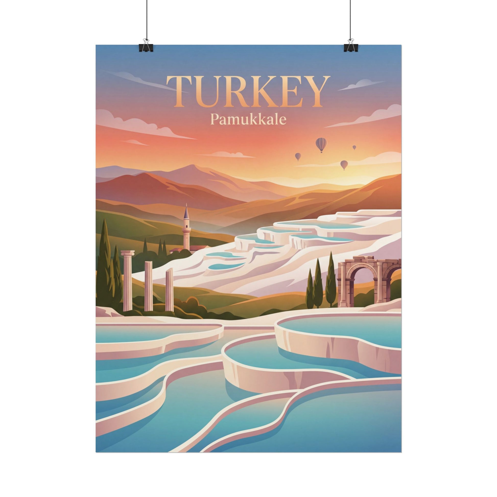 Vertical travel poster with “TURKEY” and “Pamukkale” above layered pool terraces and arch