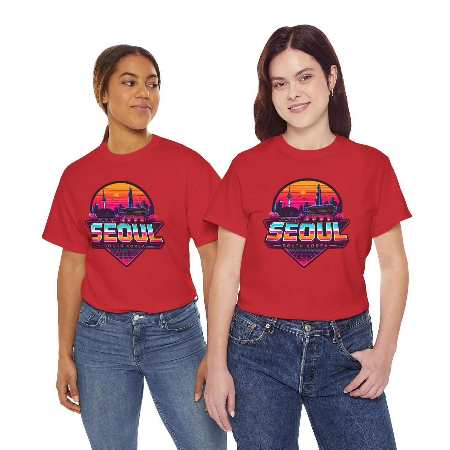 Red crewneck T-shirt with large “SEOUL” retro skyline graphic on the chest