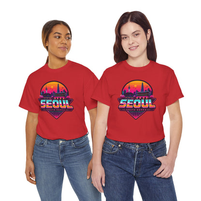 Red crewneck T-shirt with large “SEOUL” retro skyline graphic on the chest