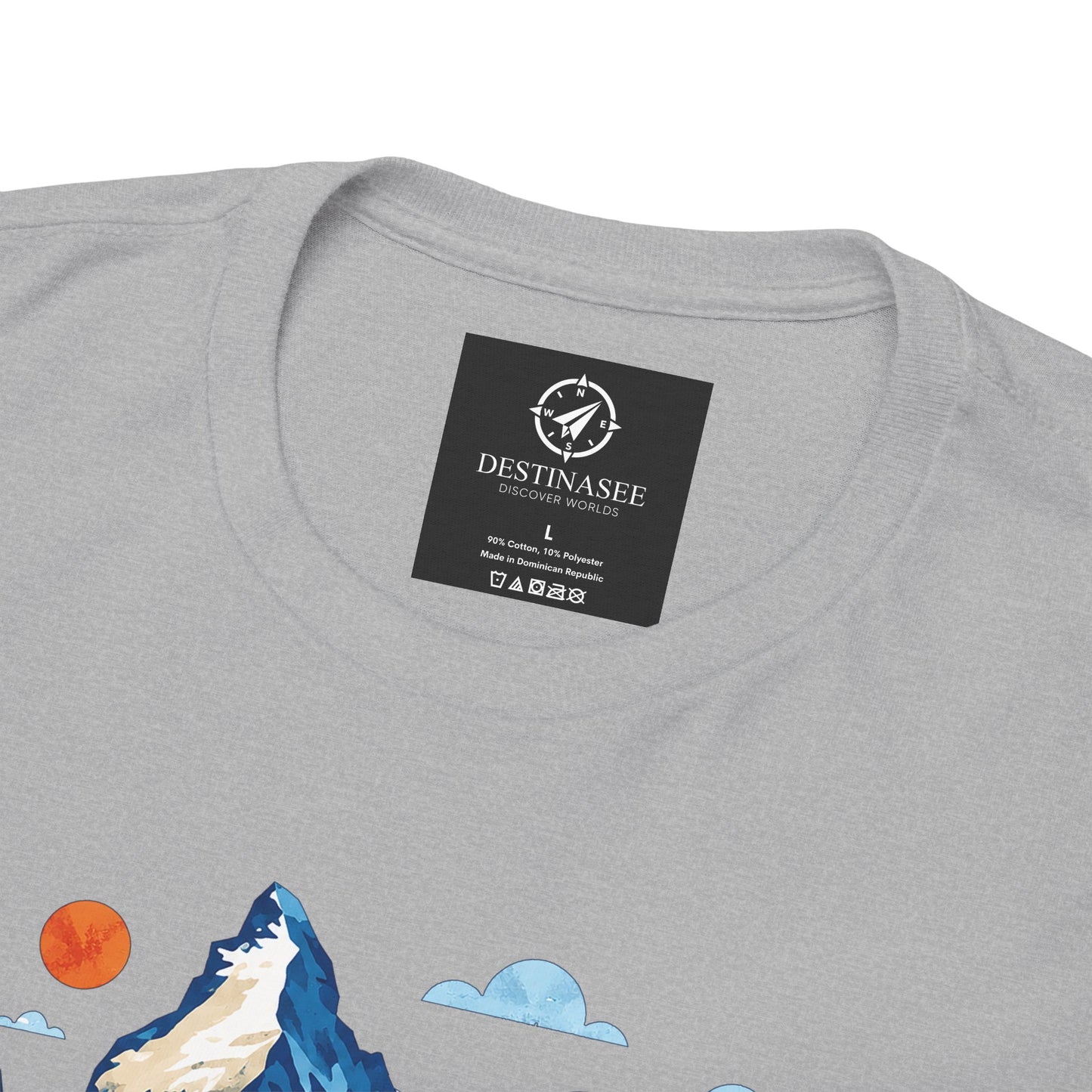 Close-up of sport grey t-shirt back neck logo and partial mountain graphic.