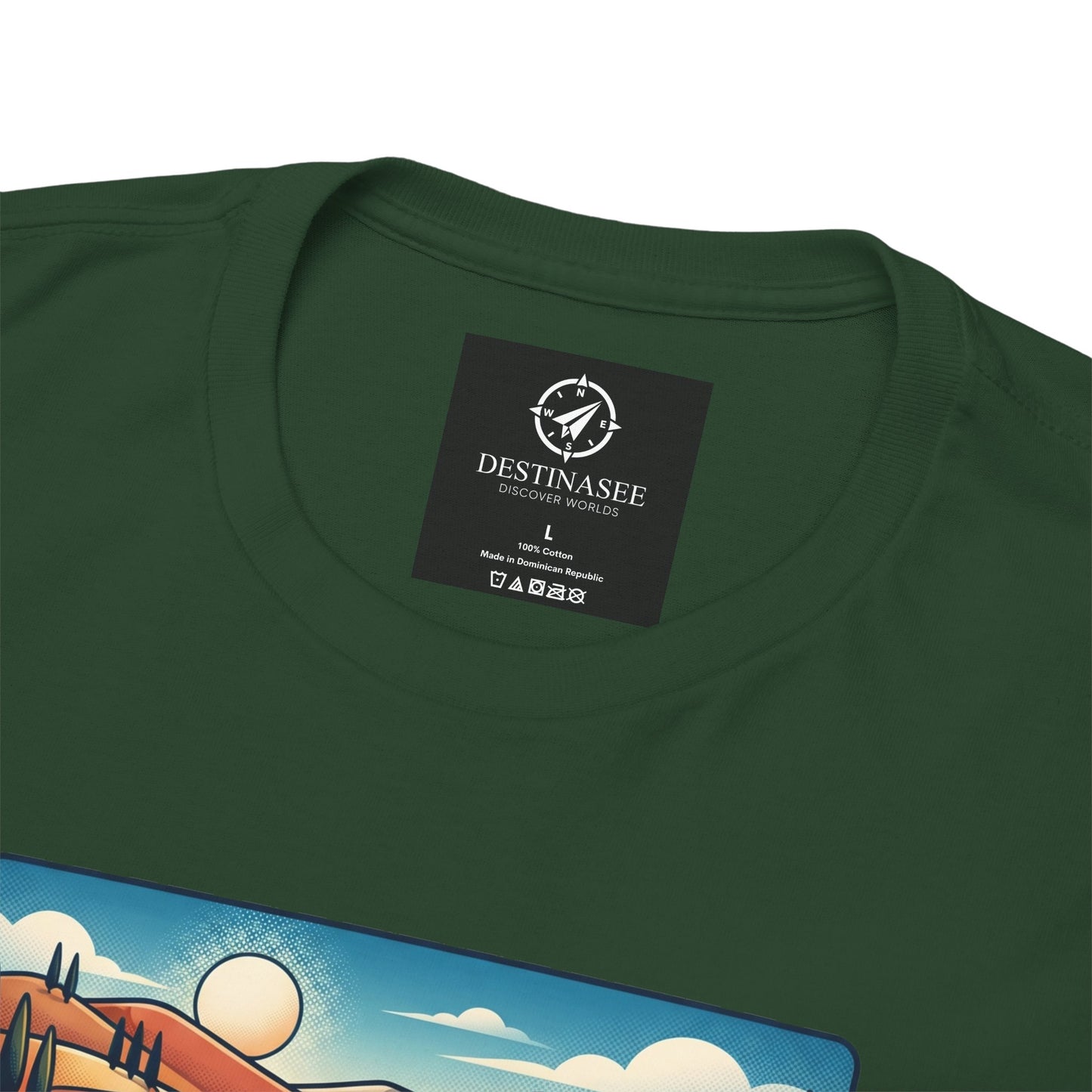 Dark green T-shirt neckline with Destinasee label and scenic graphic edge
