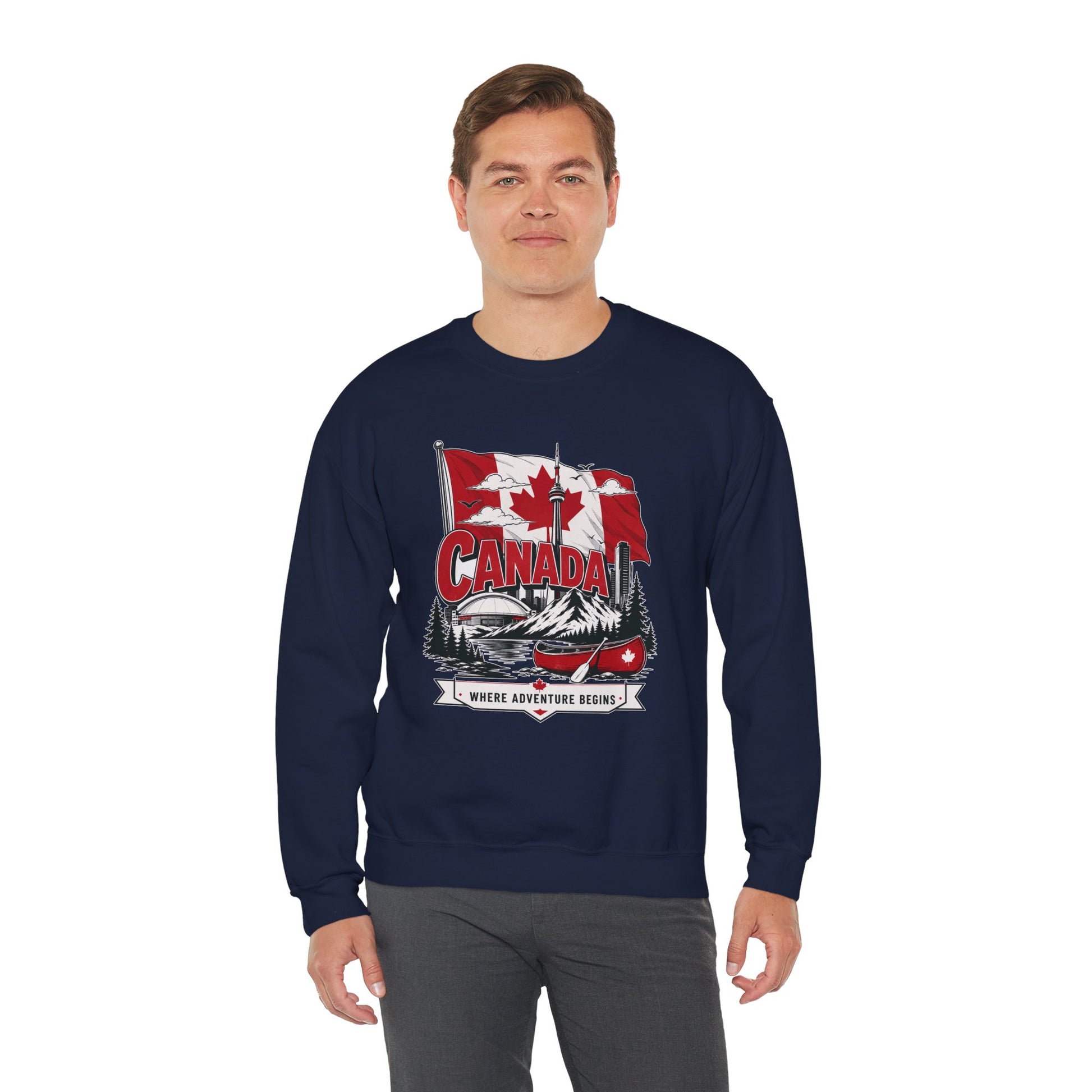 Navy crewneck sweatshirt with red Canada flag and canoe graphic on chest