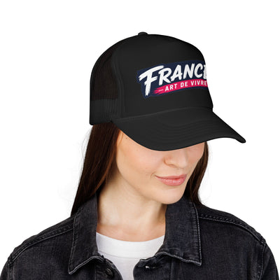 Black trucker hat with “FRANCE” logo on front and breathable mesh back