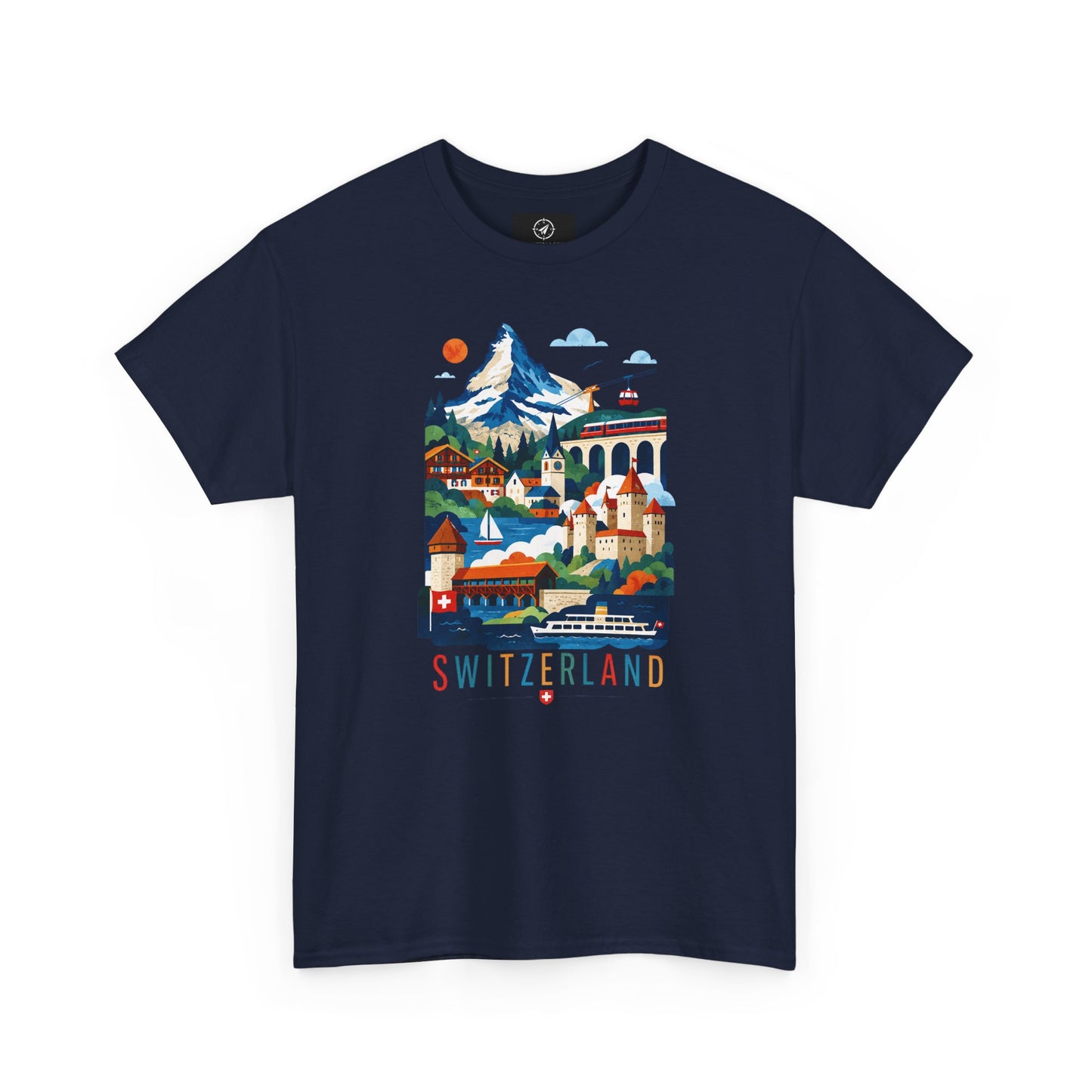 Navy short-sleeve T-shirt with colorful Switzerland village graphic on front