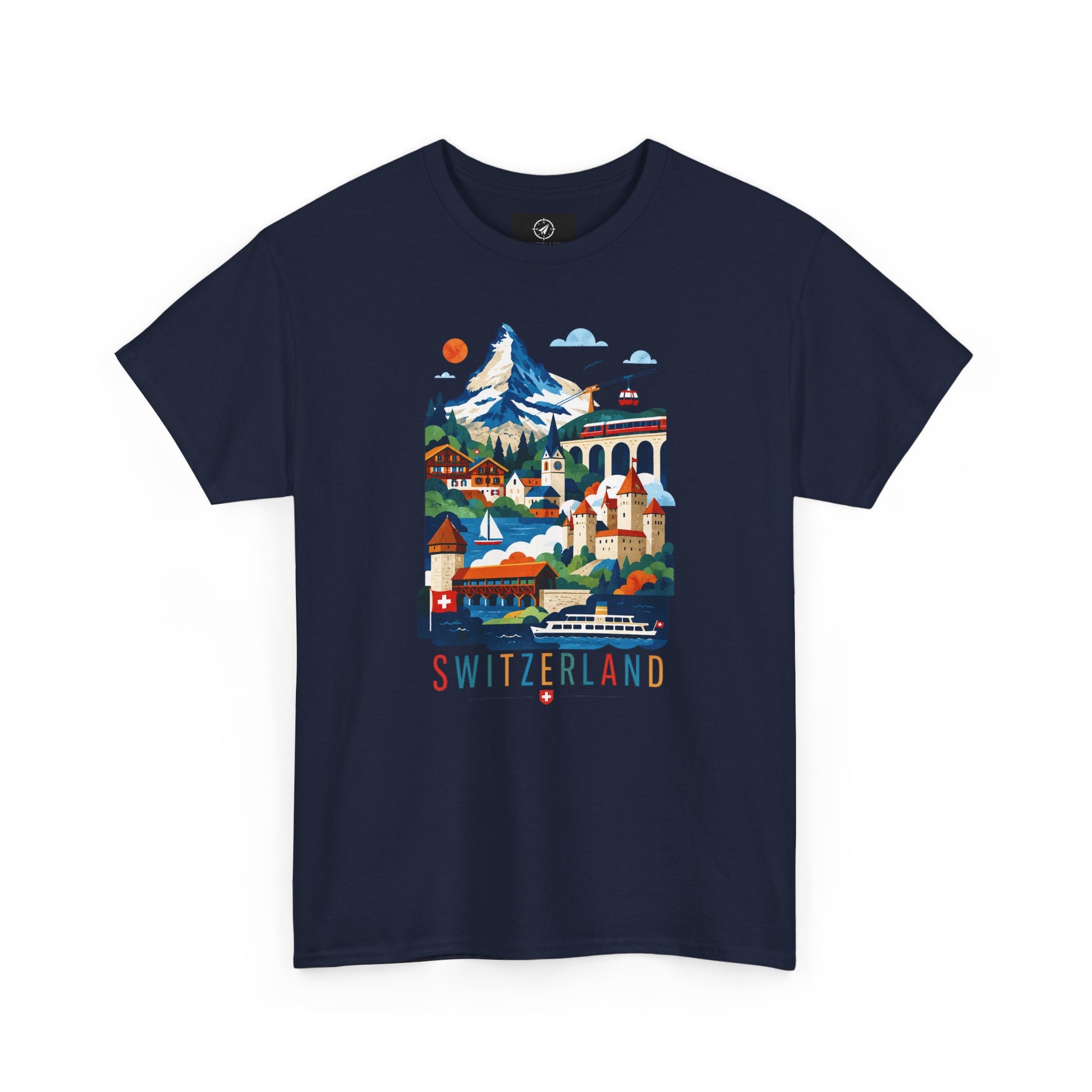 Navy short-sleeve T-shirt with colorful Switzerland village graphic on front