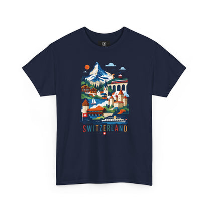 Navy short-sleeve T-shirt with colorful Switzerland village graphic on front