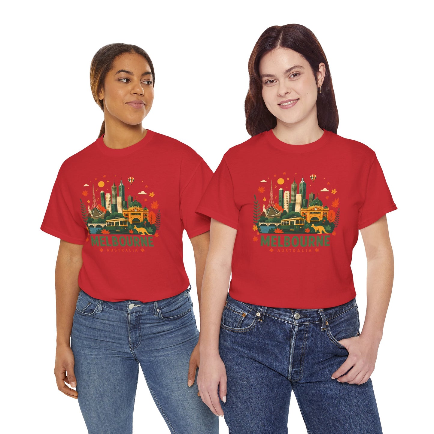 Red Melbourne skyline graphic T-shirt with colorful festival print on chest