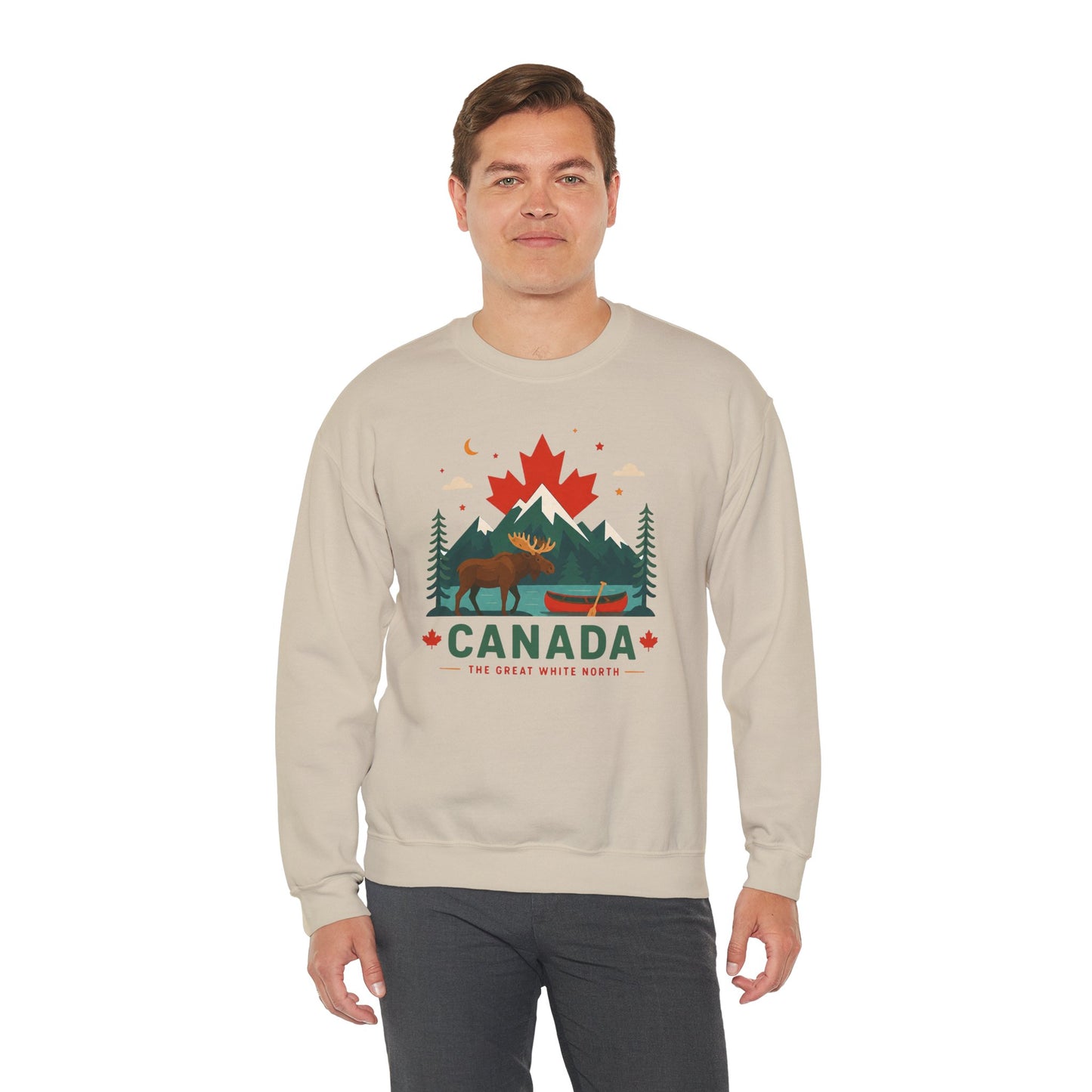 Sand-colored Canada moose and canoe sweatshirt with colorful mountain graphic and "Canada" text