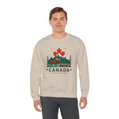 Sand-colored Canada moose and canoe sweatshirt with colorful mountain graphic and "Canada" text