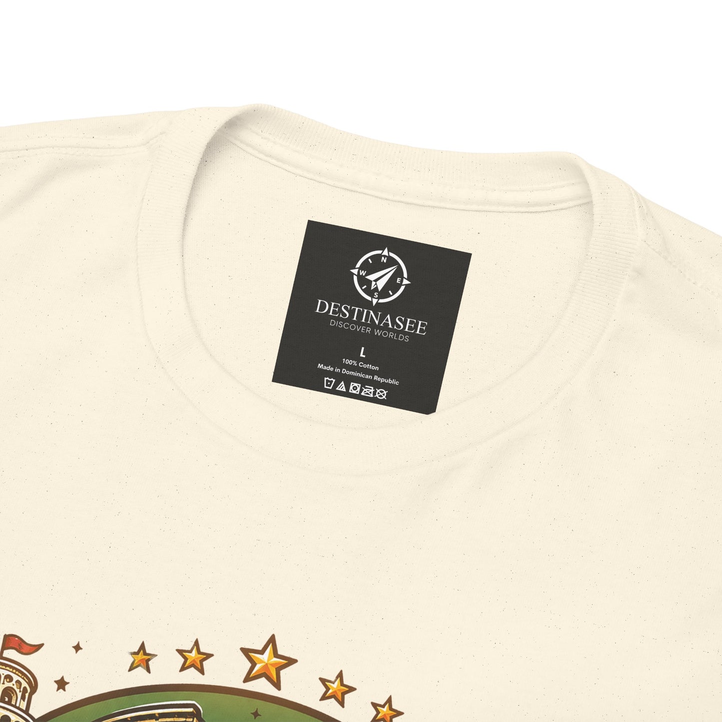 Natural cream short-sleeve T-shirt with black neck label and partial chest graphic