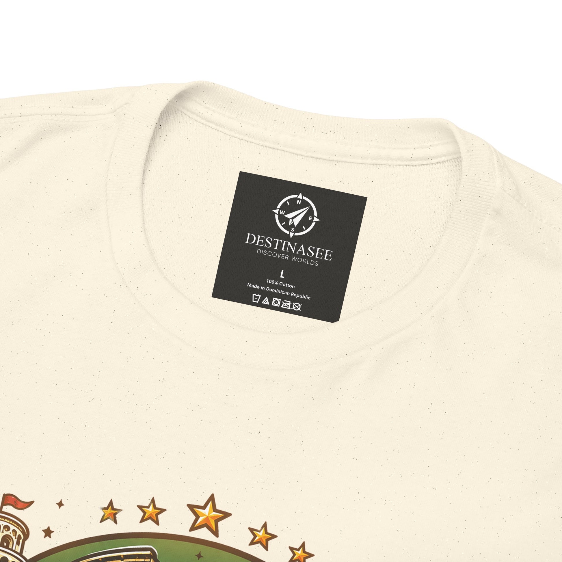 Natural cream short-sleeve T-shirt with black neck label and partial chest graphic
