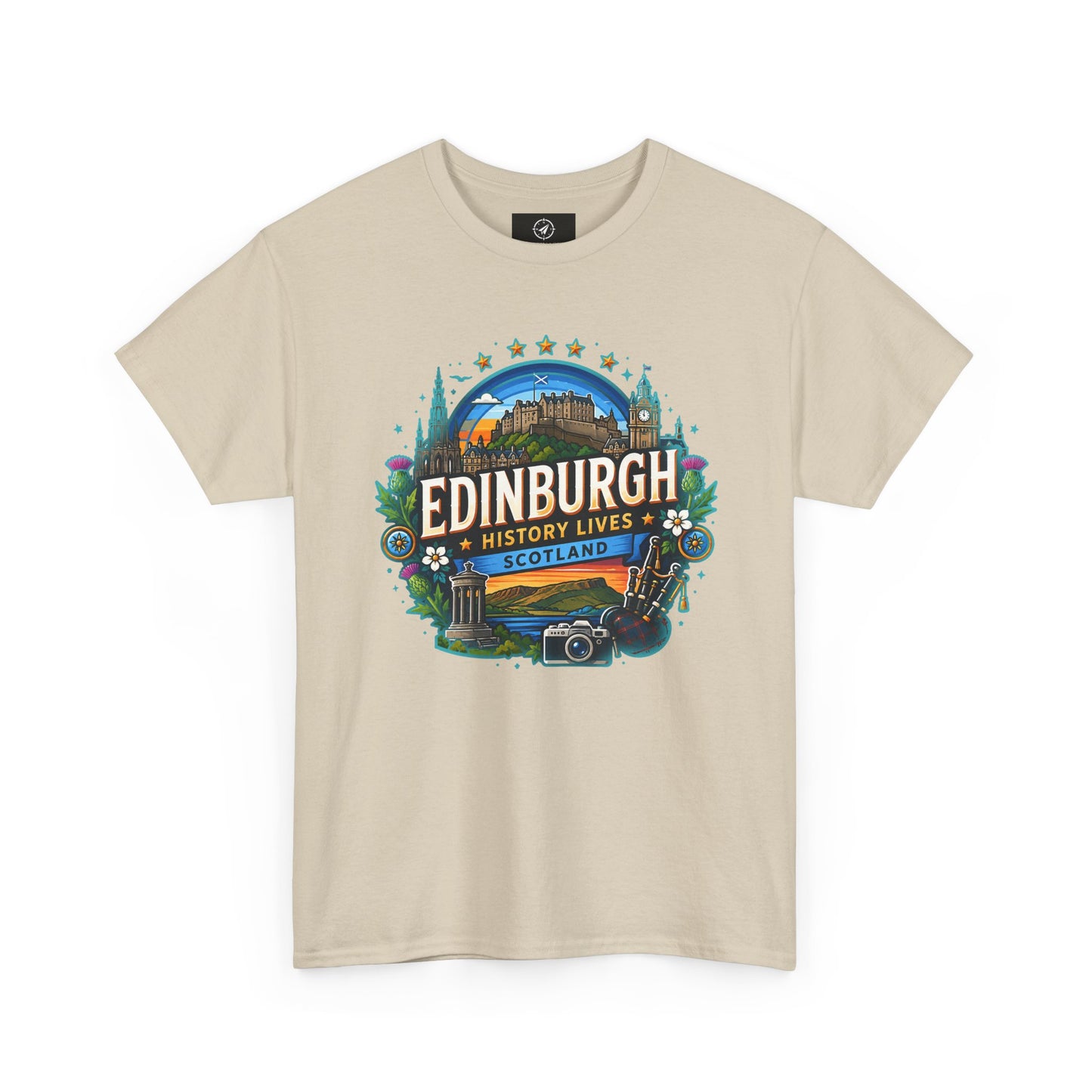 Beige travel T-shirt with crew neck and colorful Edinburgh front graphic