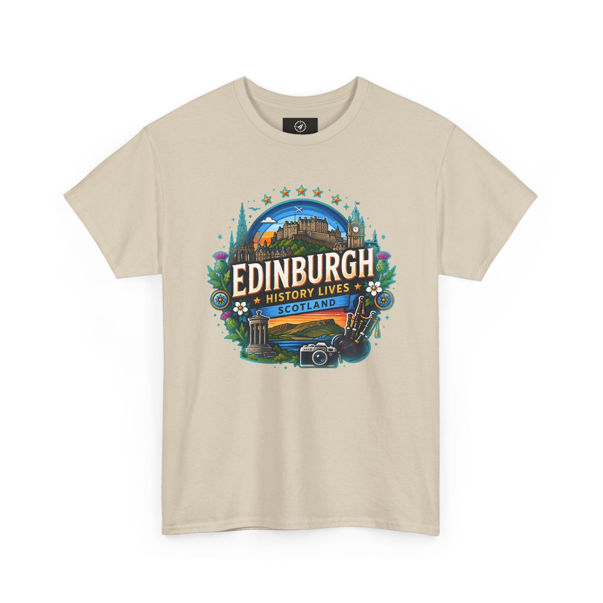 Beige travel T-shirt with crew neck and colorful Edinburgh front graphic