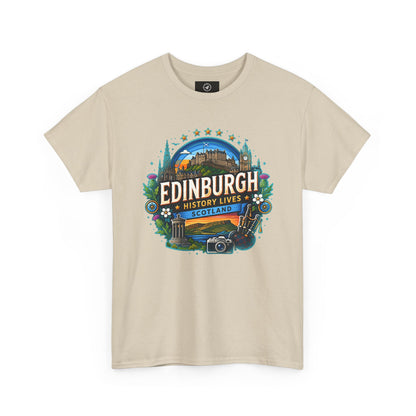 Beige travel T-shirt with crew neck and colorful Edinburgh front graphic
