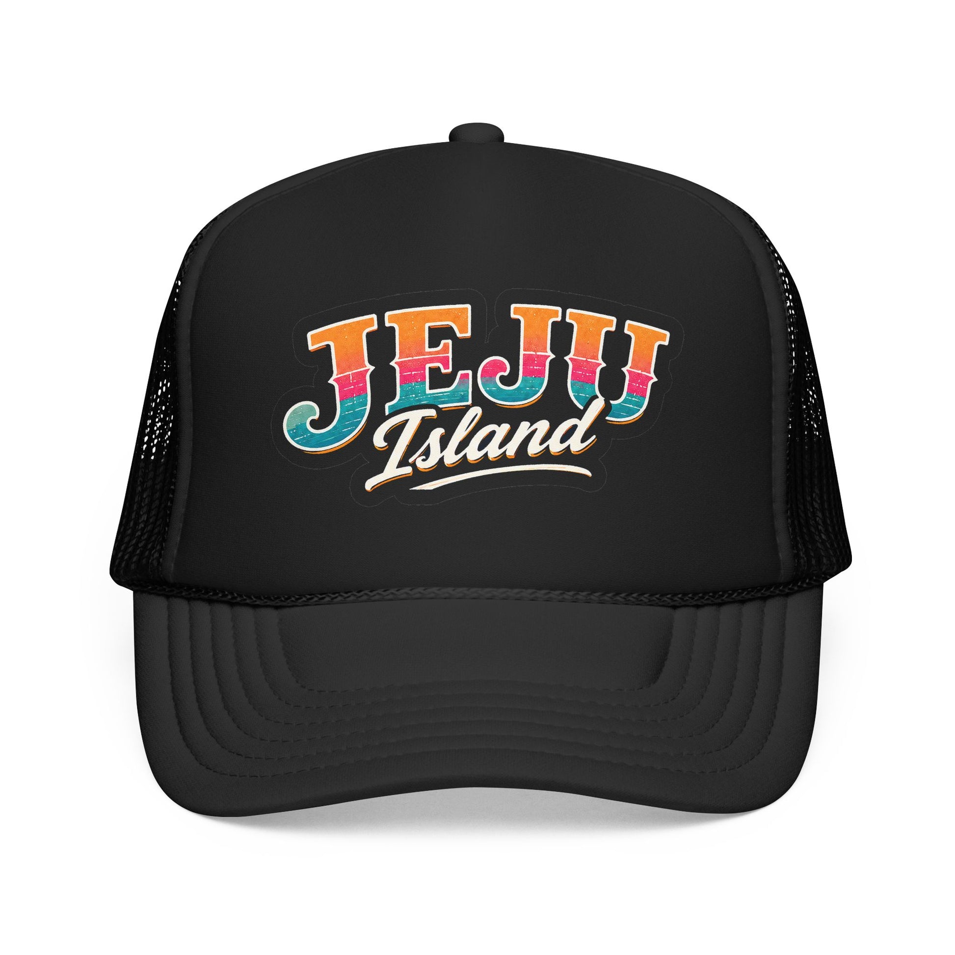Black foam trucker cap with 'JEJU Island' logo patch and mesh side panels