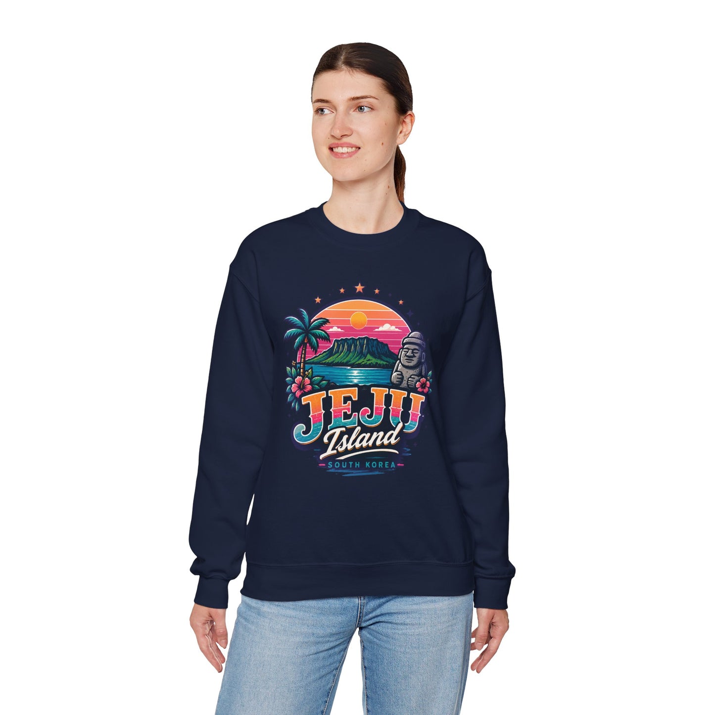Navy graphic sweatshirt with colorful JEJU Island front print