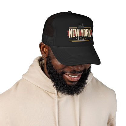 Black foam trucker hat with New York USA logo patch
