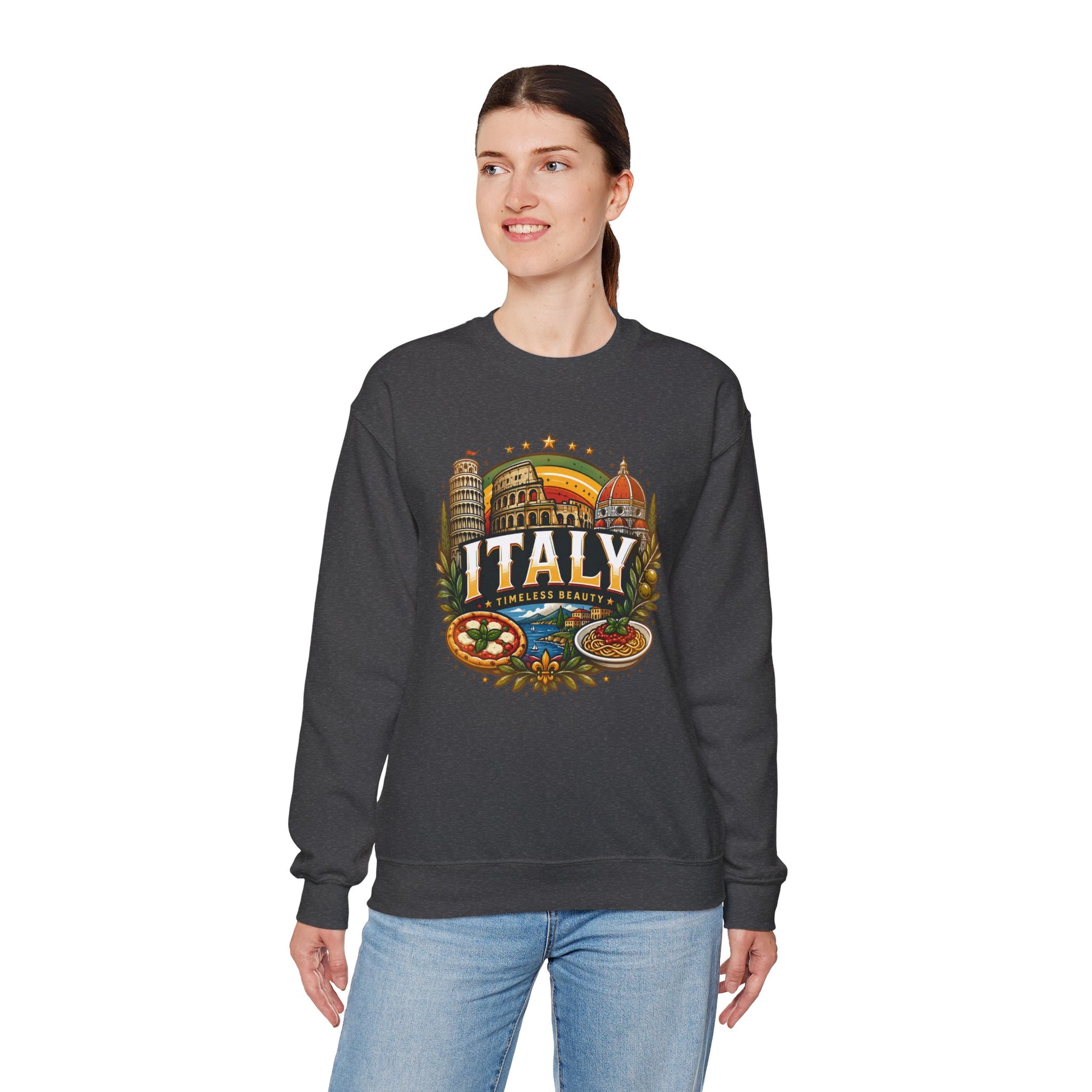 Dark heather crewneck sweatshirt with colorful “Italy” graphic on the front