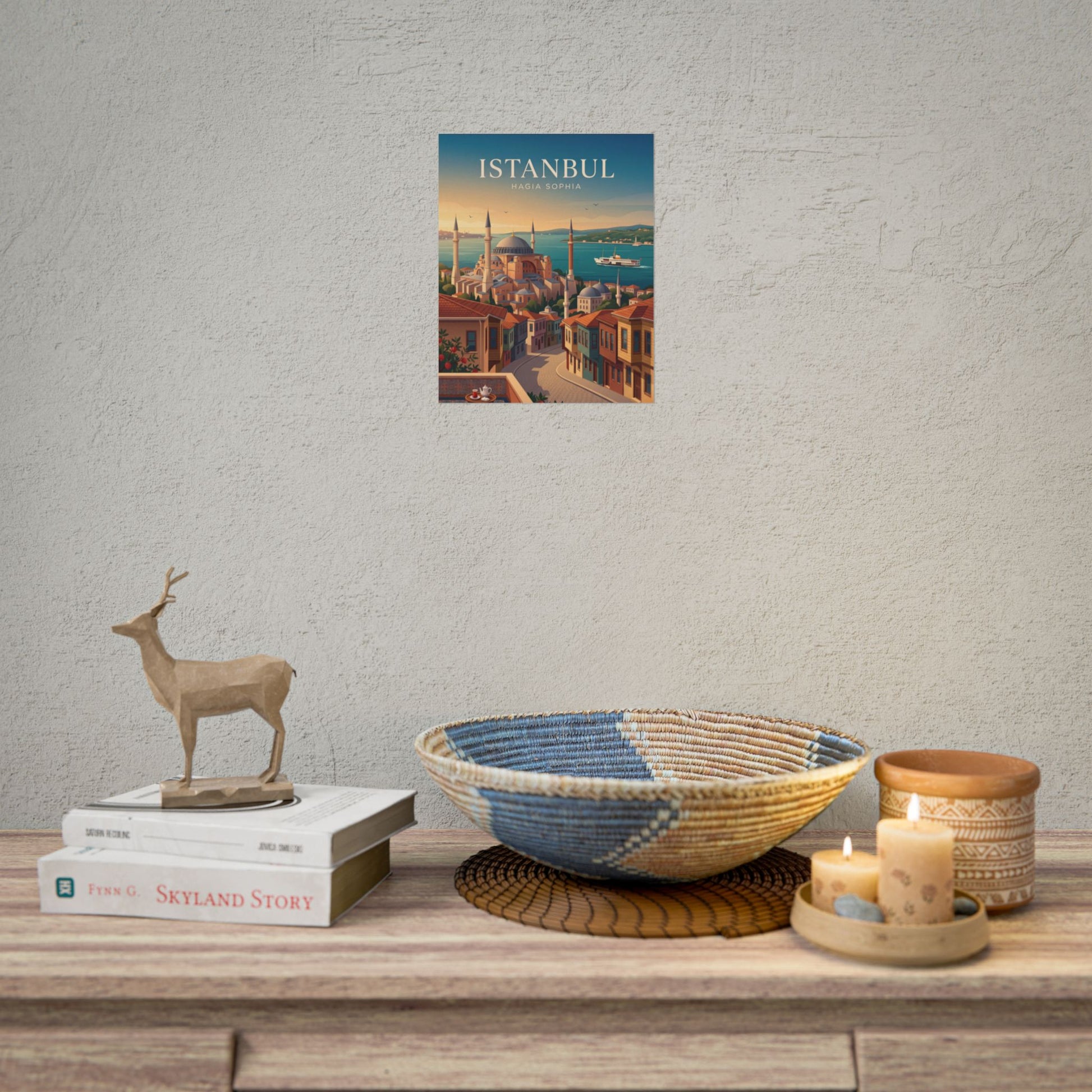 Small Istanbul Hagia Sophia travel poster on textured wall
