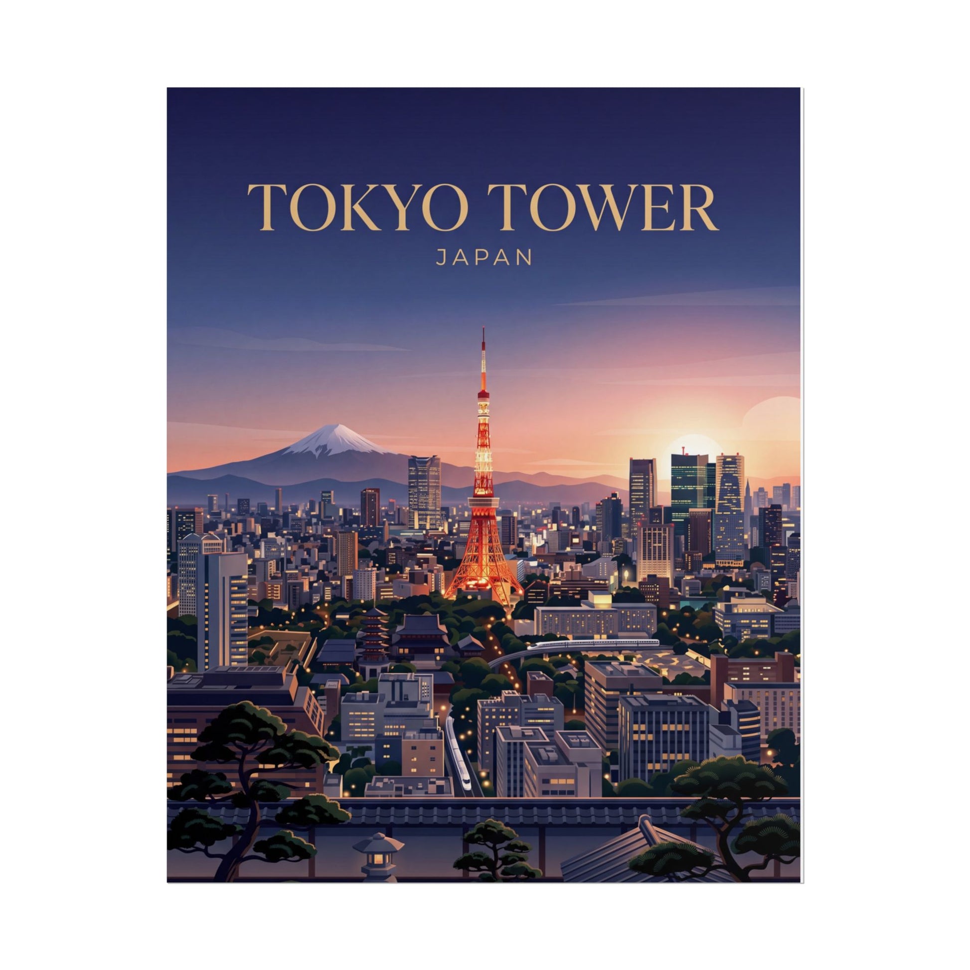 Tokyo Tower cityscape rolled poster, sunset sky gradient with illuminated tower and city