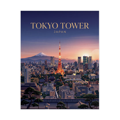 Tokyo Tower cityscape rolled poster, sunset sky gradient with illuminated tower and city