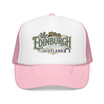 Pink and white trucker hat with mesh back and Edinburgh Scotland logo front.