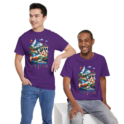 Purple short-sleeve T-shirt with Switzerland graphic, worn by two people