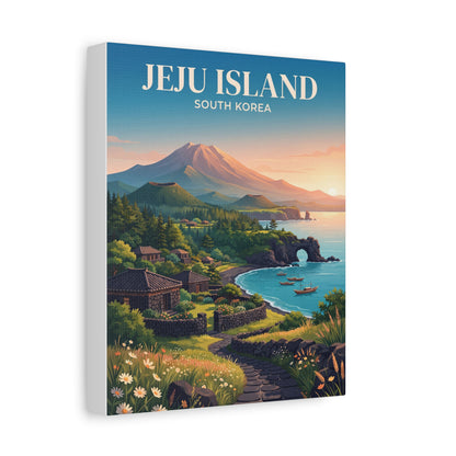 Matte canvas wall art with Jeju Island title and landscape of volcano, coast, and boats.