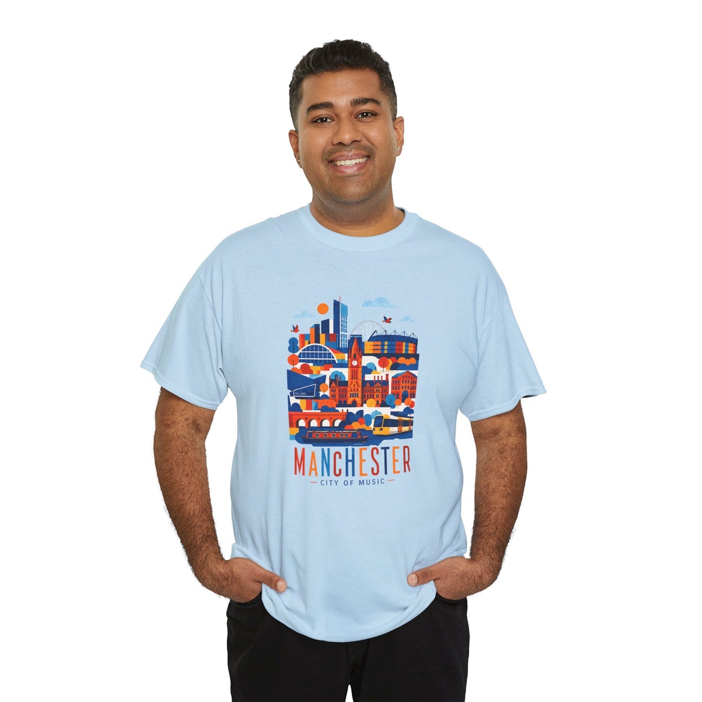 Light blue Manchester Skyline T-shirt on model with colorful Manchester city graphic.