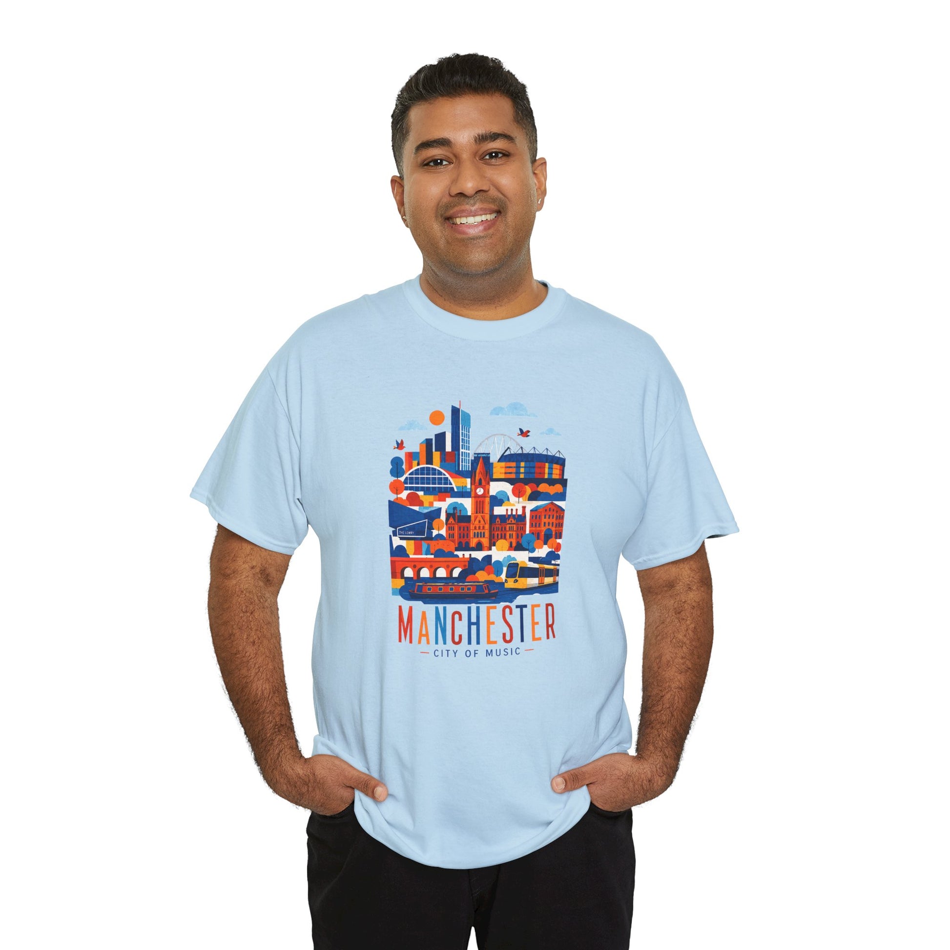 Light blue Manchester Skyline T-shirt on model with colorful Manchester city graphic.