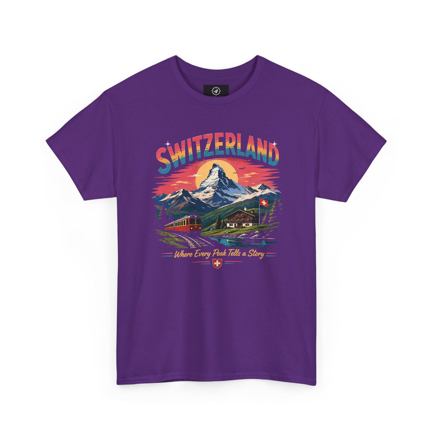 Purple crew-neck vintage T-shirt with Switzerland mountain scene graphic