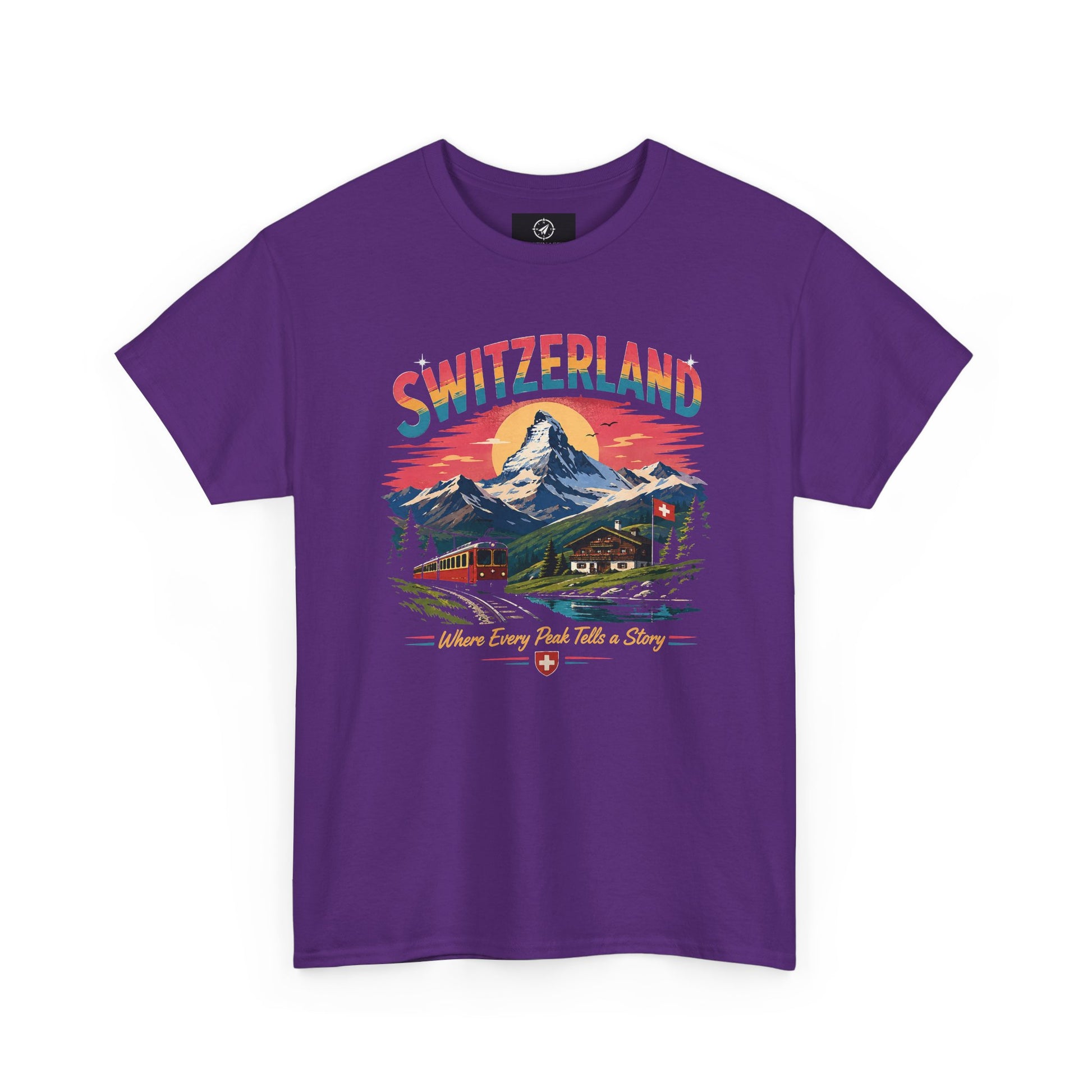 Purple crew-neck vintage T-shirt with Switzerland mountain scene graphic