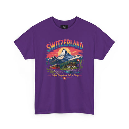 Purple crew-neck vintage T-shirt with Switzerland mountain scene graphic