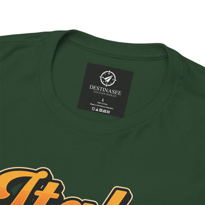 Dark green crew-neck T-shirt back neck label with 'DESTINASEE' and partial '17' print