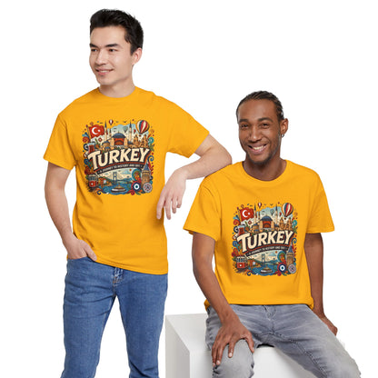 Yellow Turkey graphic tee on two models, front view with colorful central print
