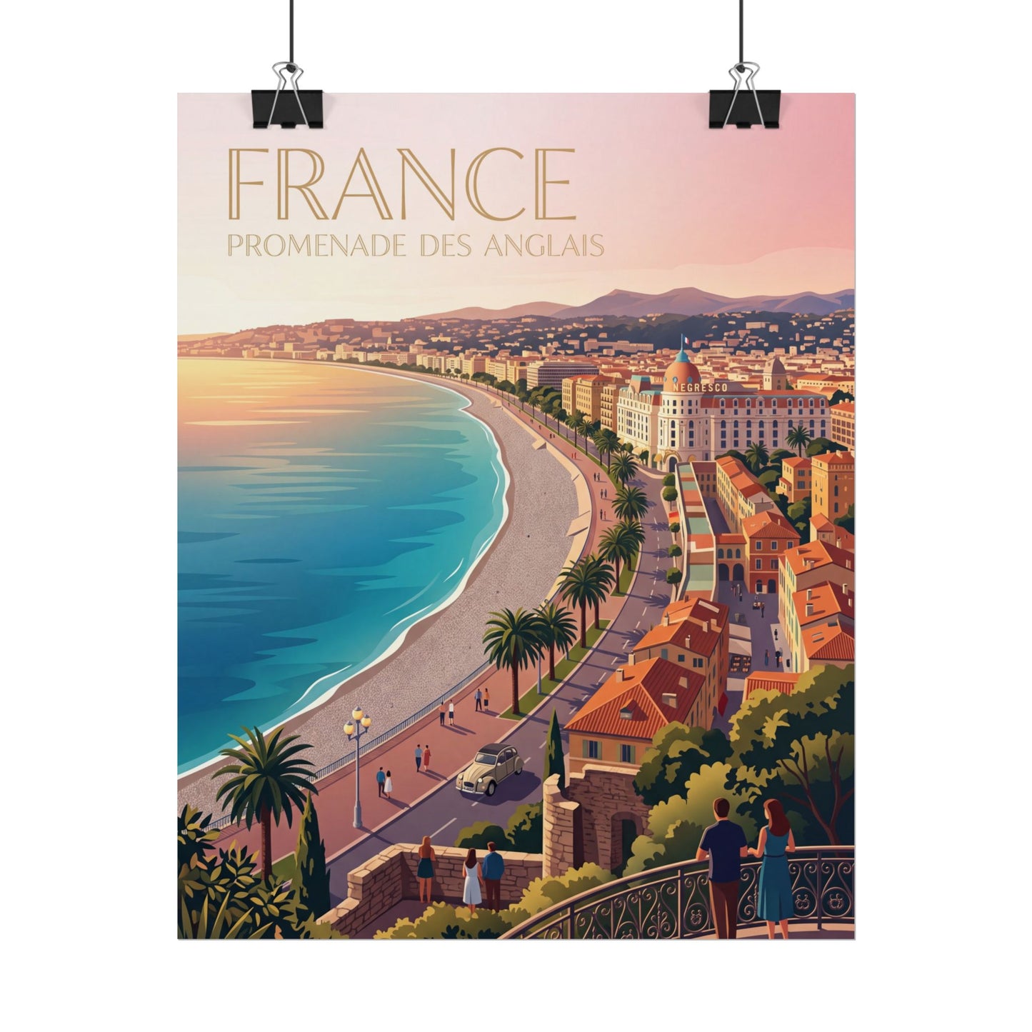 Rolled France coastal promenade poster with blue sea and city skyline
