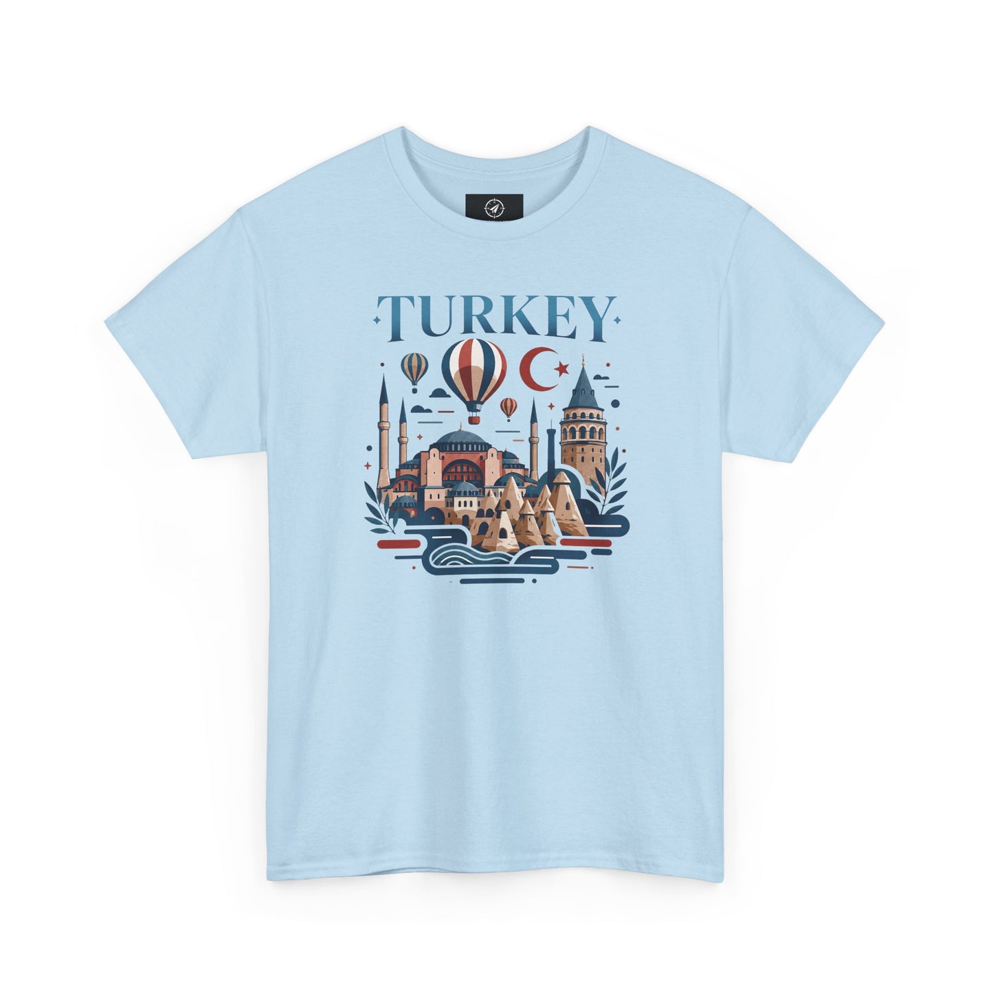 Light blue T-shirt with Turkey skyline and hot air balloon graphic