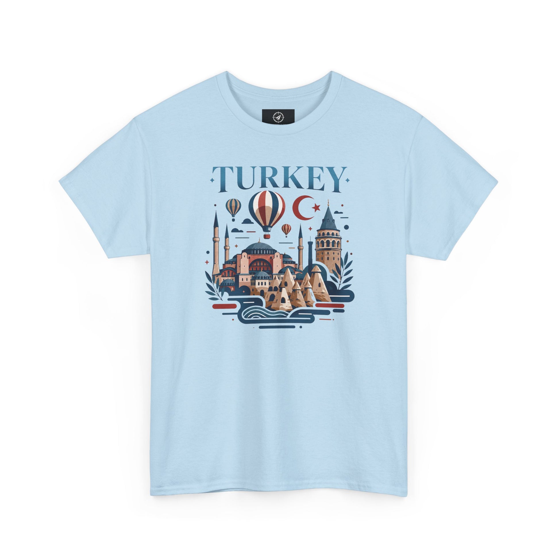 Light blue T-shirt with Turkey skyline and hot air balloon graphic