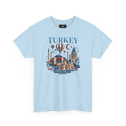 Light blue T-shirt with Turkey skyline and hot air balloon graphic