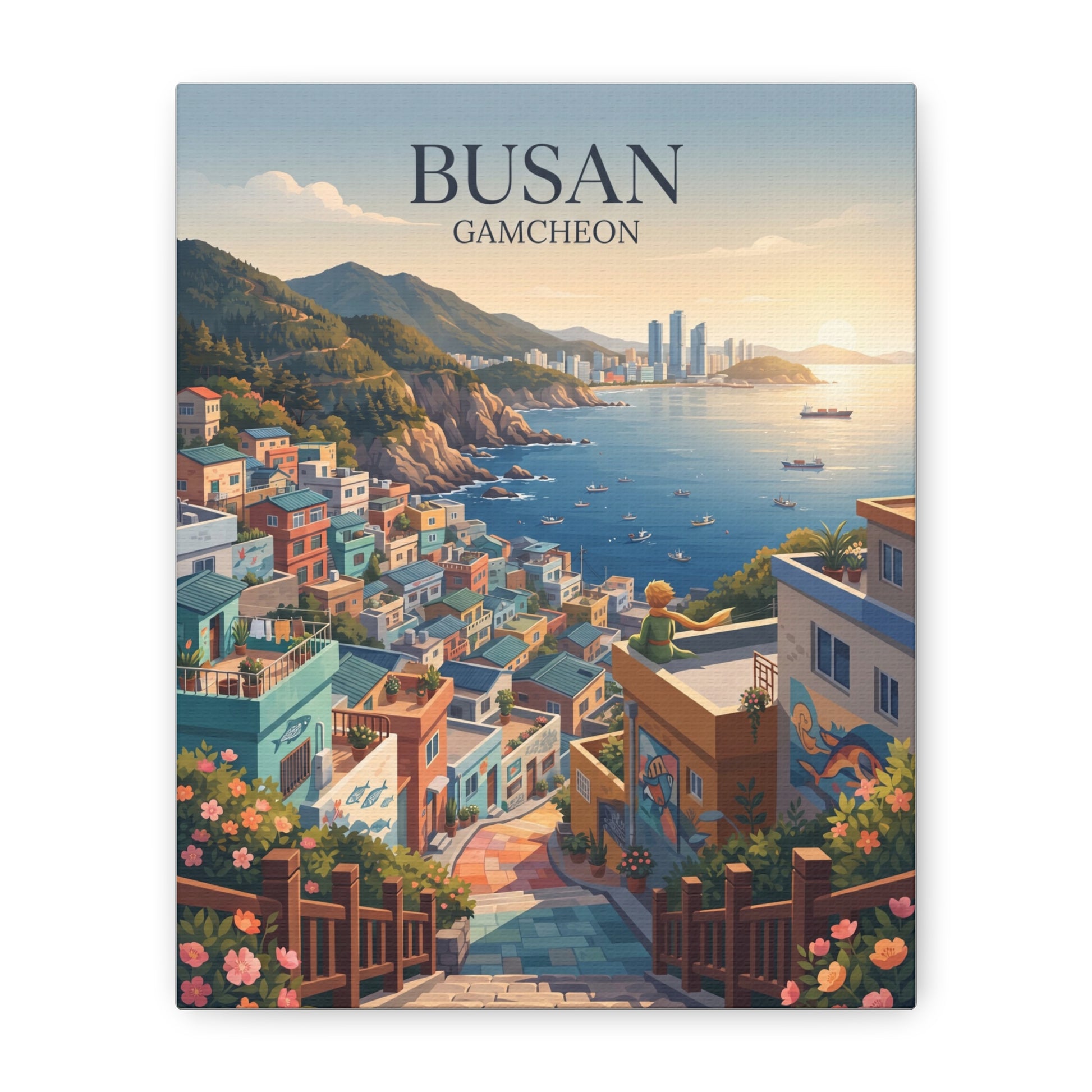Matte canvas wall art, vertical: BUSAN GAMCHEON cityscape over ocean and hills