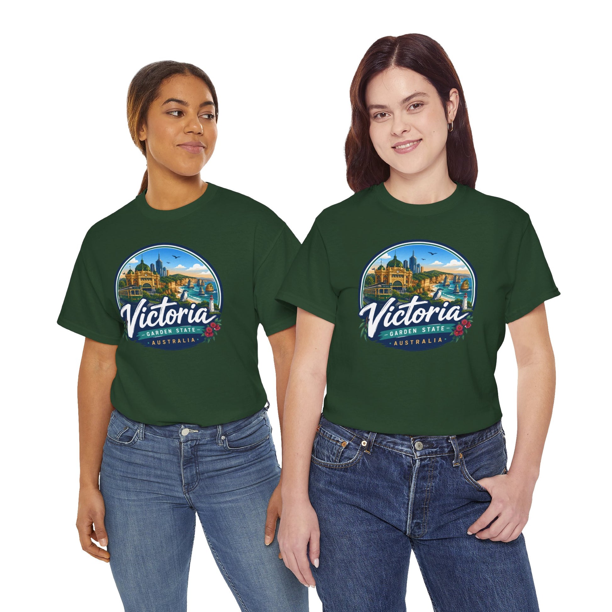 Forest green short-sleeve crew-neck tee with circular Victoria graphic on front